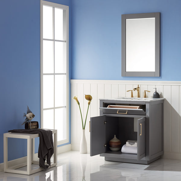 Ivy Single Bathroom Vanity Set in Gray and Carrara White Marble Countertop with Mirror