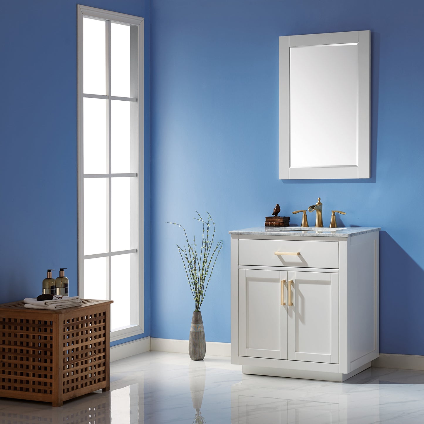 Ivy Single Bathroom Vanity Set in Gray and Carrara White Marble Countertop with Mirror