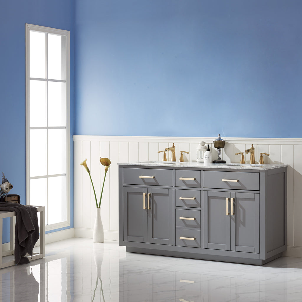 Ivy Double Bathroom Vanity Set in Gray and Carrara White Marble Countertop