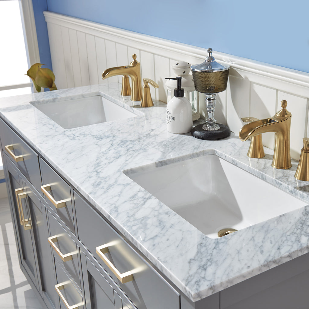 Ivy Double Bathroom Vanity Set in Gray and Carrara White Marble Countertop