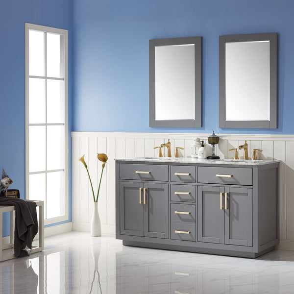 Ivy Double Bathroom Vanity Set in Gray and Carrara White Marble Countertop