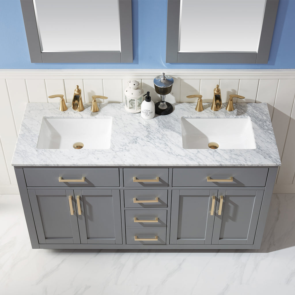 Ivy Double Bathroom Vanity Set in Gray and Carrara White Marble Countertop