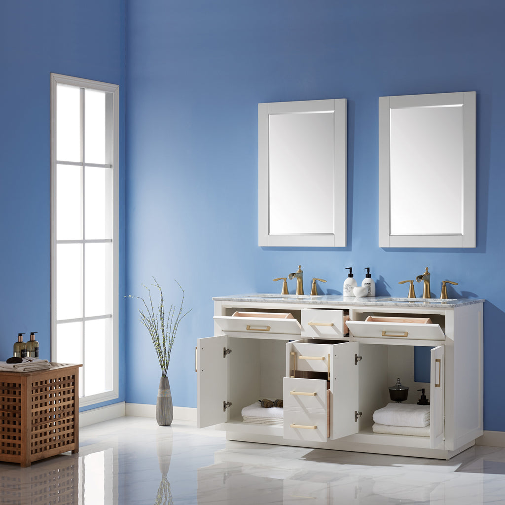 Ivy Double Bathroom Vanity Set in Gray and Carrara White Marble Countertop