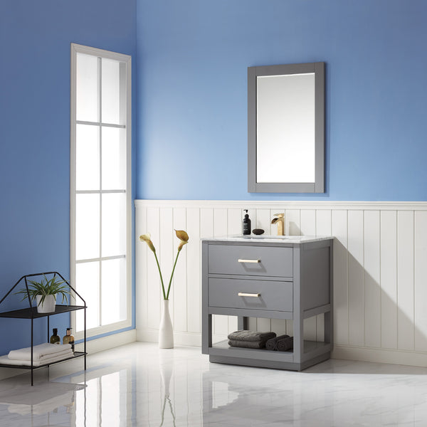 Remi Single Bathroom Vanity Set in Gray and Carrara White Marble Countertop with Mirror