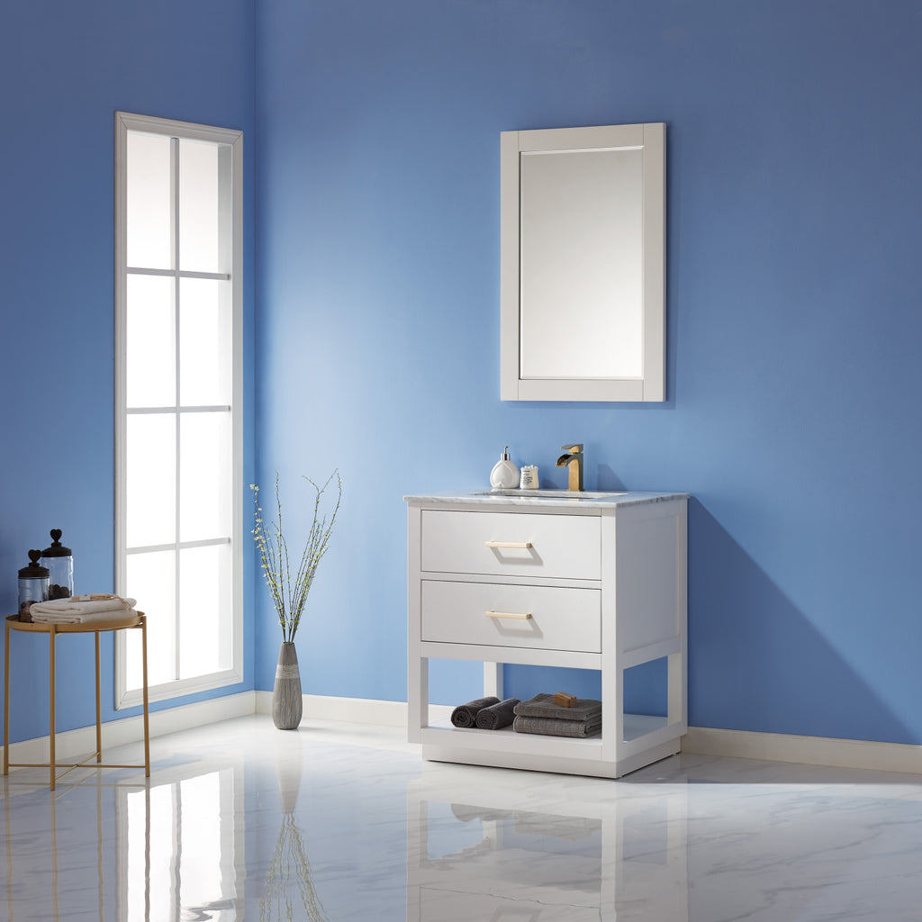 Remi Single Bathroom Vanity Set in Gray and Carrara White Marble Countertop with Mirror