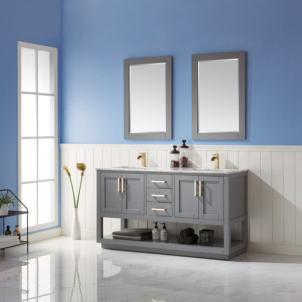 Remi Double Bathroom Vanity Set in Gray and Carrara White Marble Countertop