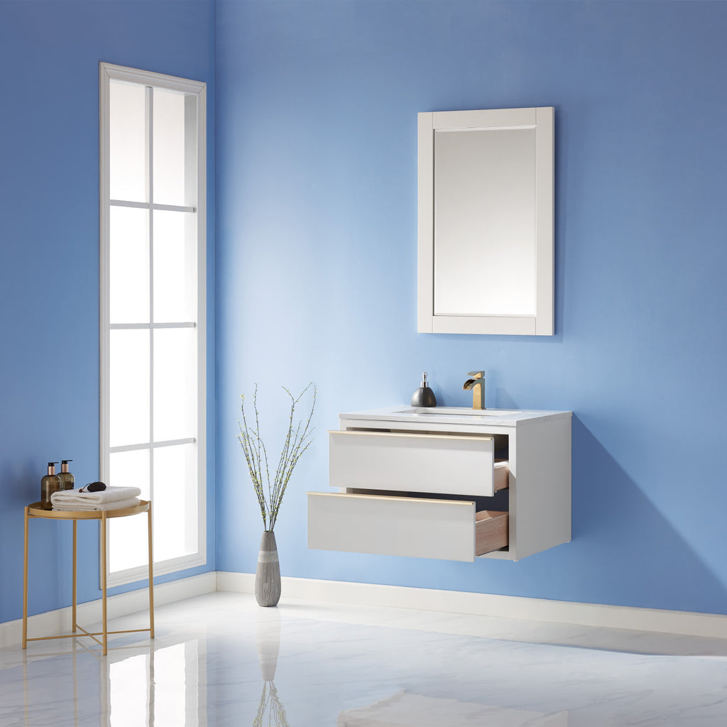 Morgan Single Bathroom Vanity Set in White and Composite Carrara White Stone Countertop