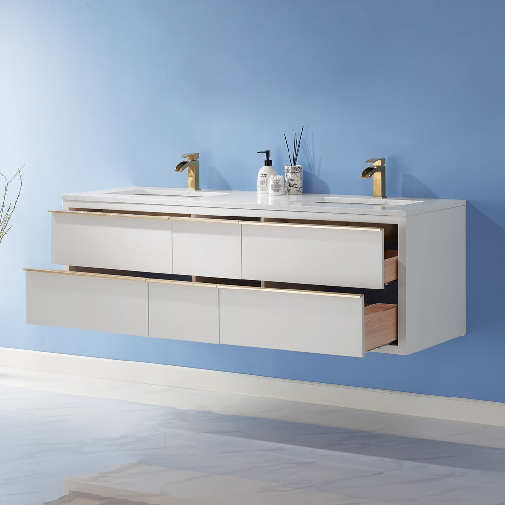Morgan Double Bathroom Vanity Set in White and Composite Carrara White Stone Countertop