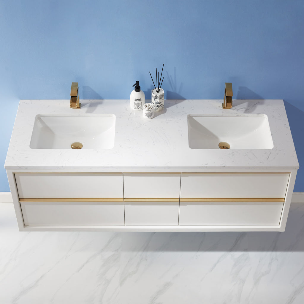 Morgan Double Bathroom Vanity Set in White and Composite Carrara White Stone Countertop