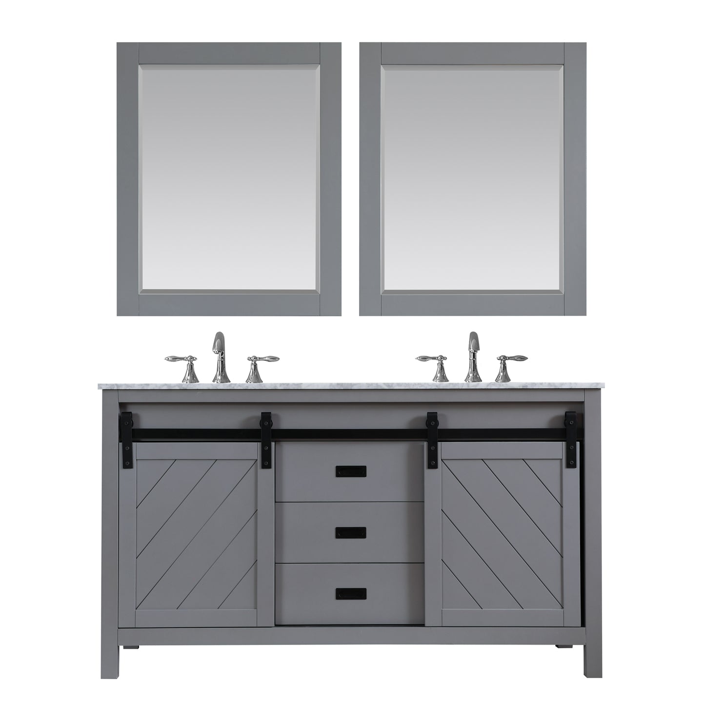 Kinsley Double Bathroom Vanity Set in Gray and Carrara White Marble Countertop