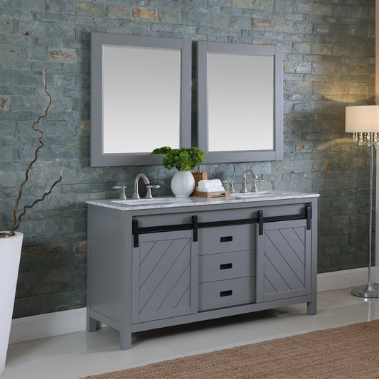 Kinsley Double Bathroom Vanity Set in Gray and Carrara White Marble Countertop