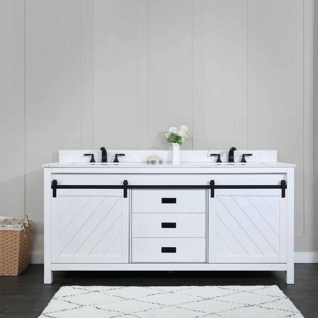Kinsley Double Bathroom Vanity Set in White and Carrara White Marble Countertop