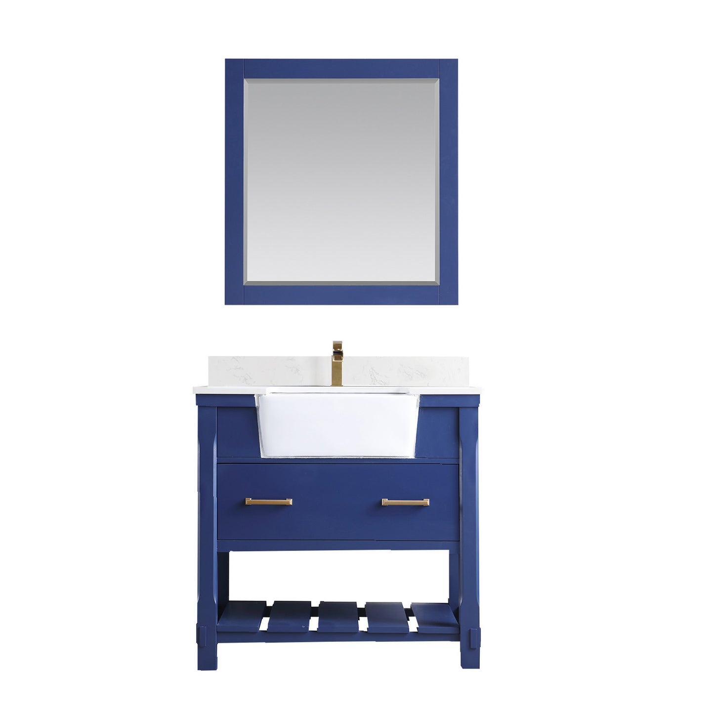 Georgia Single Bathroom Vanity Set in Jewelry Blue and Composite Carrara White Stone Top with White Farmhouse Basin with Mirror
