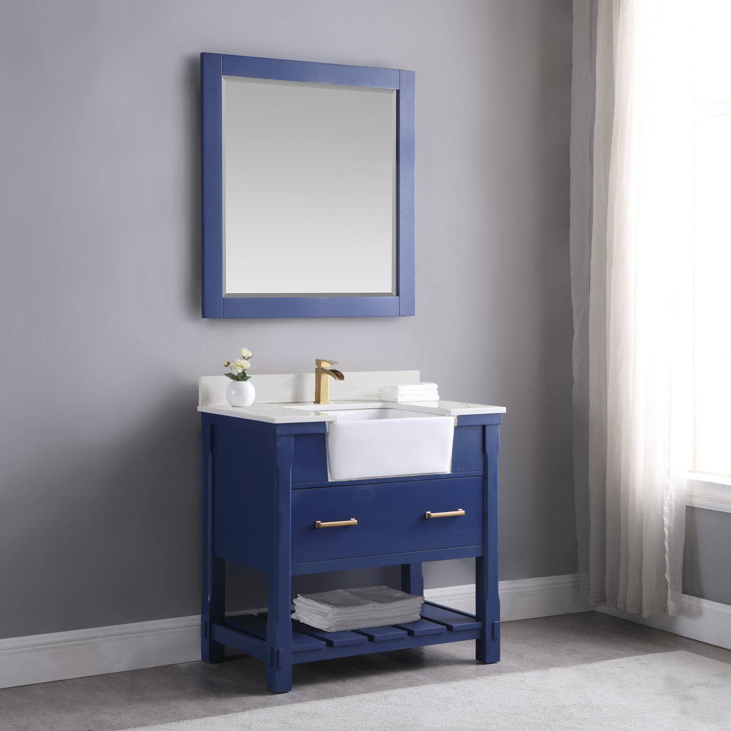 Georgia Single Bathroom Vanity Set in Jewelry Blue and Composite Carrara White Stone Top with White Farmhouse Basin