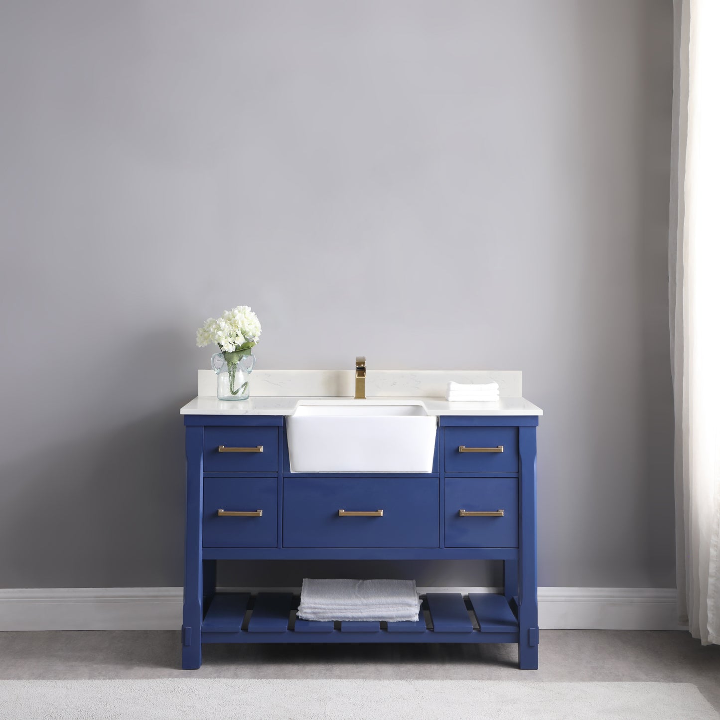 Georgia Single Bathroom Vanity Set in Jewelry Blue and Composite Carrara White Stone Top with White Farmhouse Basin with Mirror