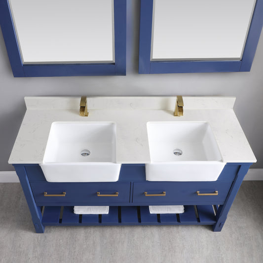 Georgia Double Bathroom Vanity Set in Jewelry Blue and Composite Carrara White Stone Top with White Farmhouse Basin