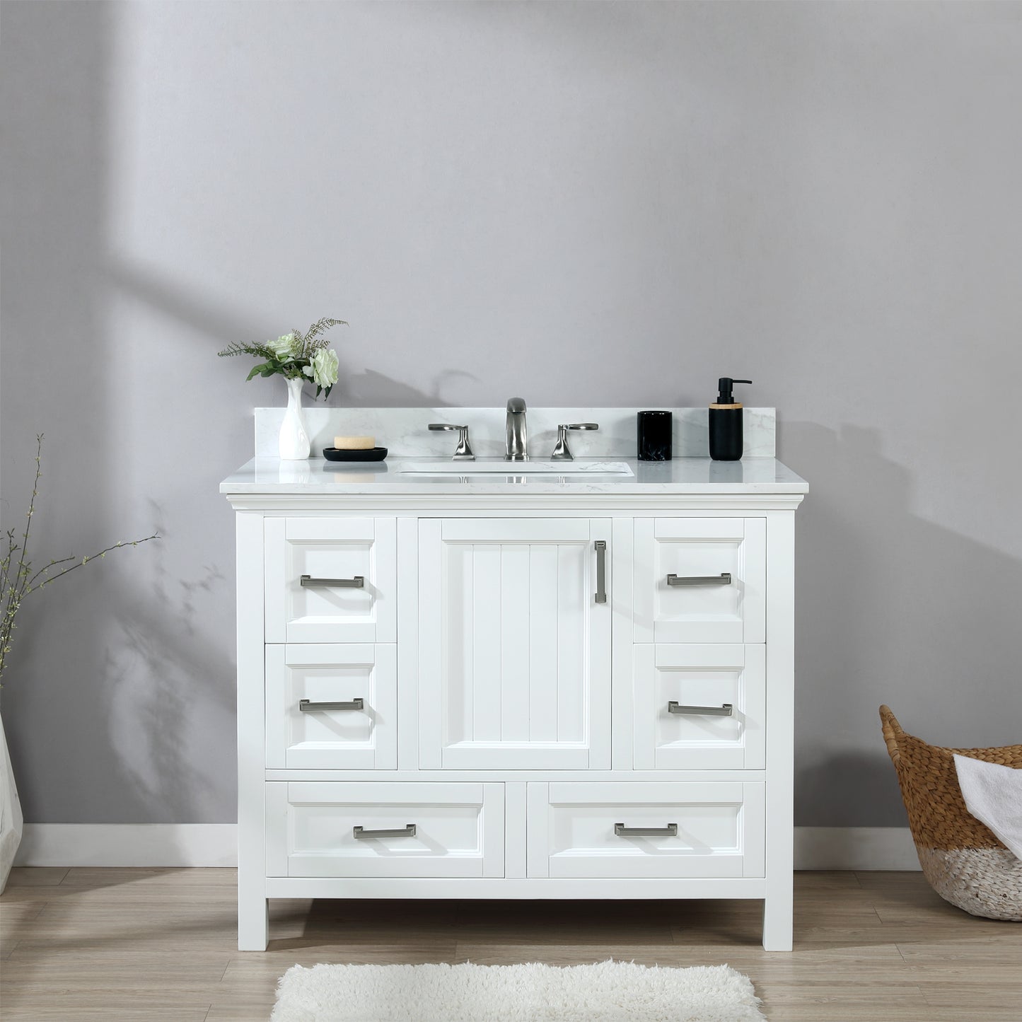 Isla Single Bathroom Vanity Set in White and Carrara White Marble Countertop with Mirror