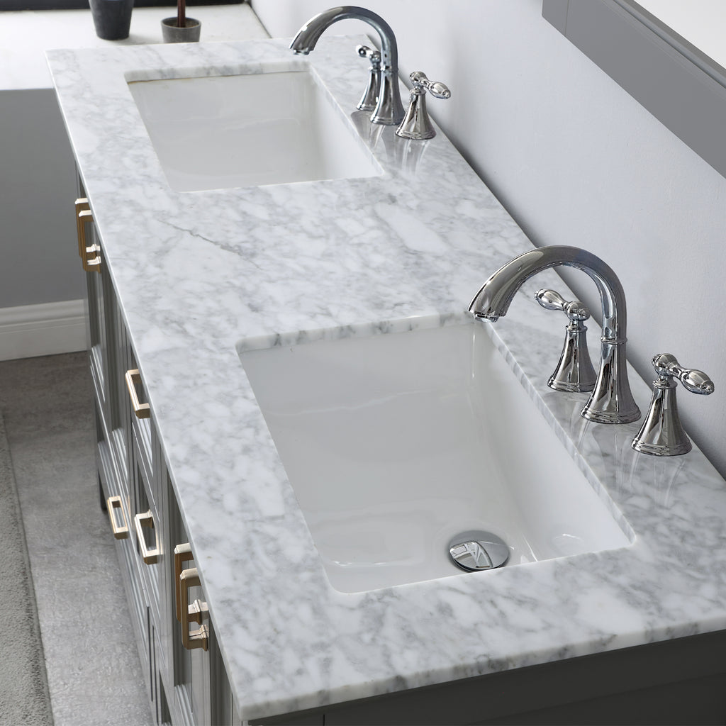 Isla Double Bathroom Vanity Set in Gray and Carrara White Marble Countertop