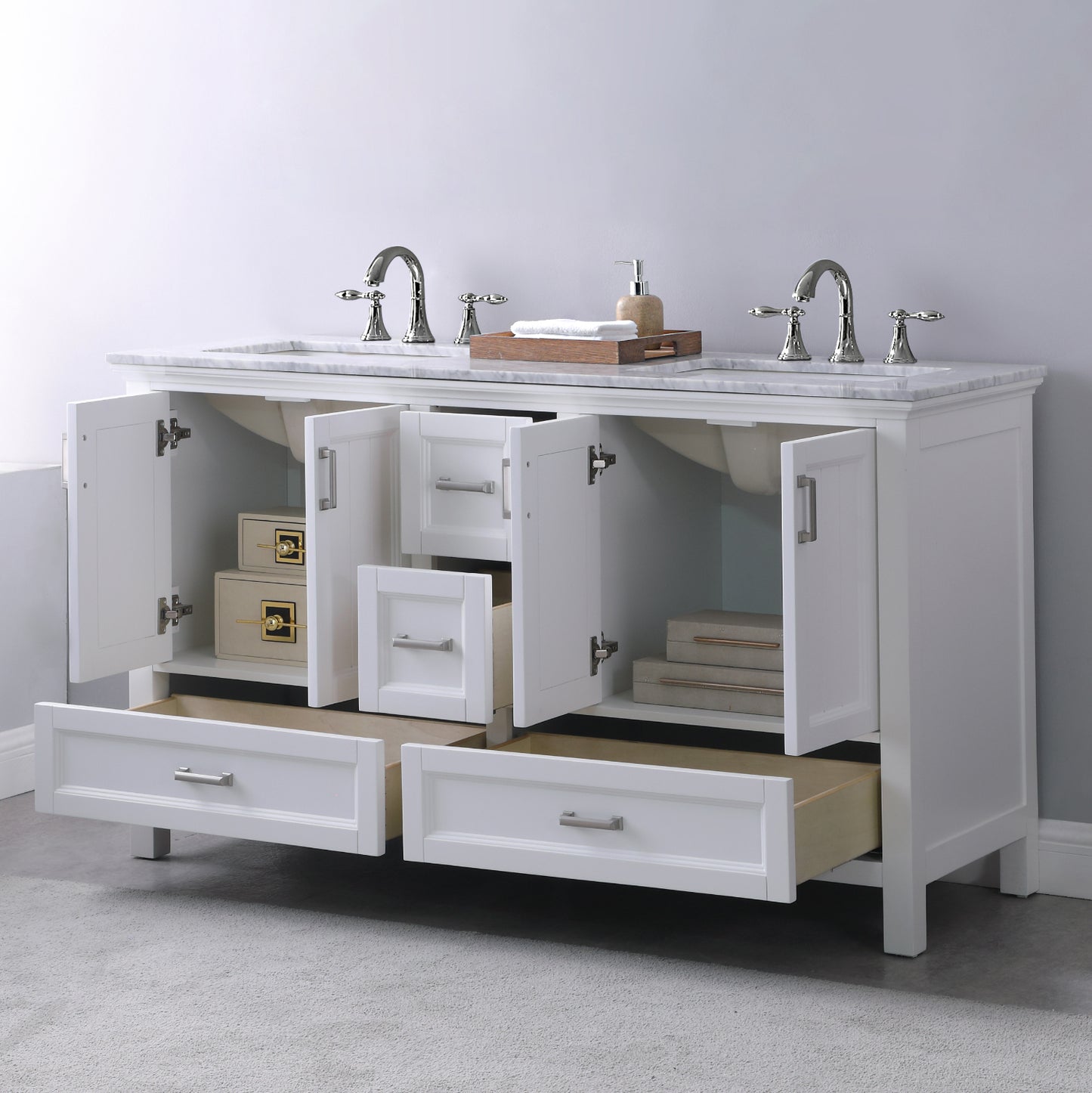 Isla Double Bathroom Vanity Set in Gray and Carrara White Marble Countertop