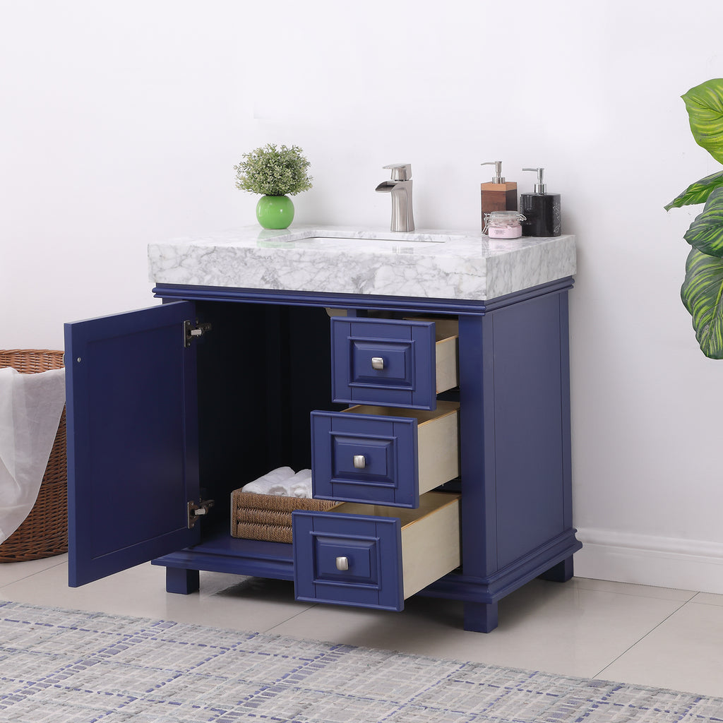 Jardin Single Bathroom Vanity Set in Jewelry Blue and Carrara White Marble Countertop