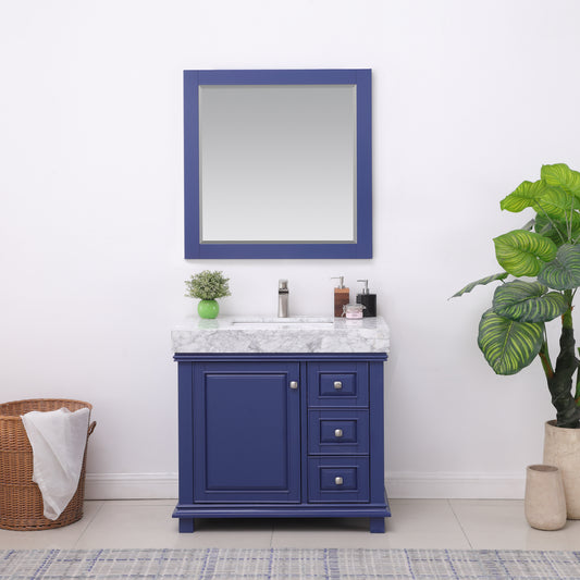 Jardin Single Bathroom Vanity Set in Jewelry Blue and Carrara White Marble Countertop with Mirror