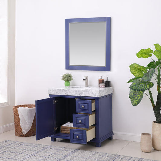 Jardin Single Bathroom Vanity Set in Jewelry Blue and Carrara White Marble Countertop