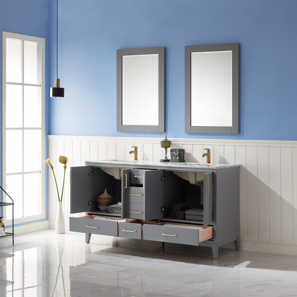 Sutton Double Bathroom Vanity Set in Gray and Carrara White Marble Countertop