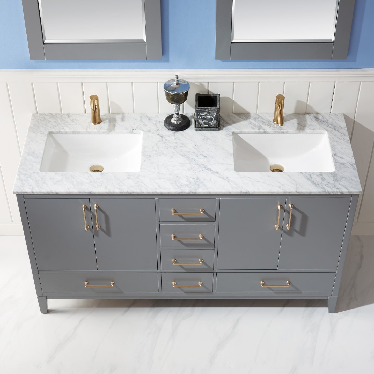 Sutton Double Bathroom Vanity Set in Gray and Carrara White Marble Countertop