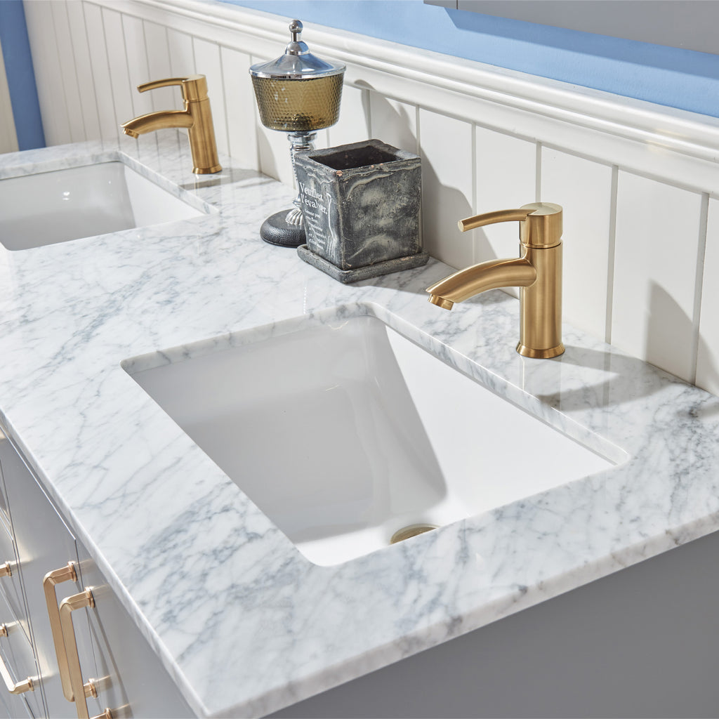 Sutton Double Bathroom Vanity Set in Gray and Carrara White Marble Countertop