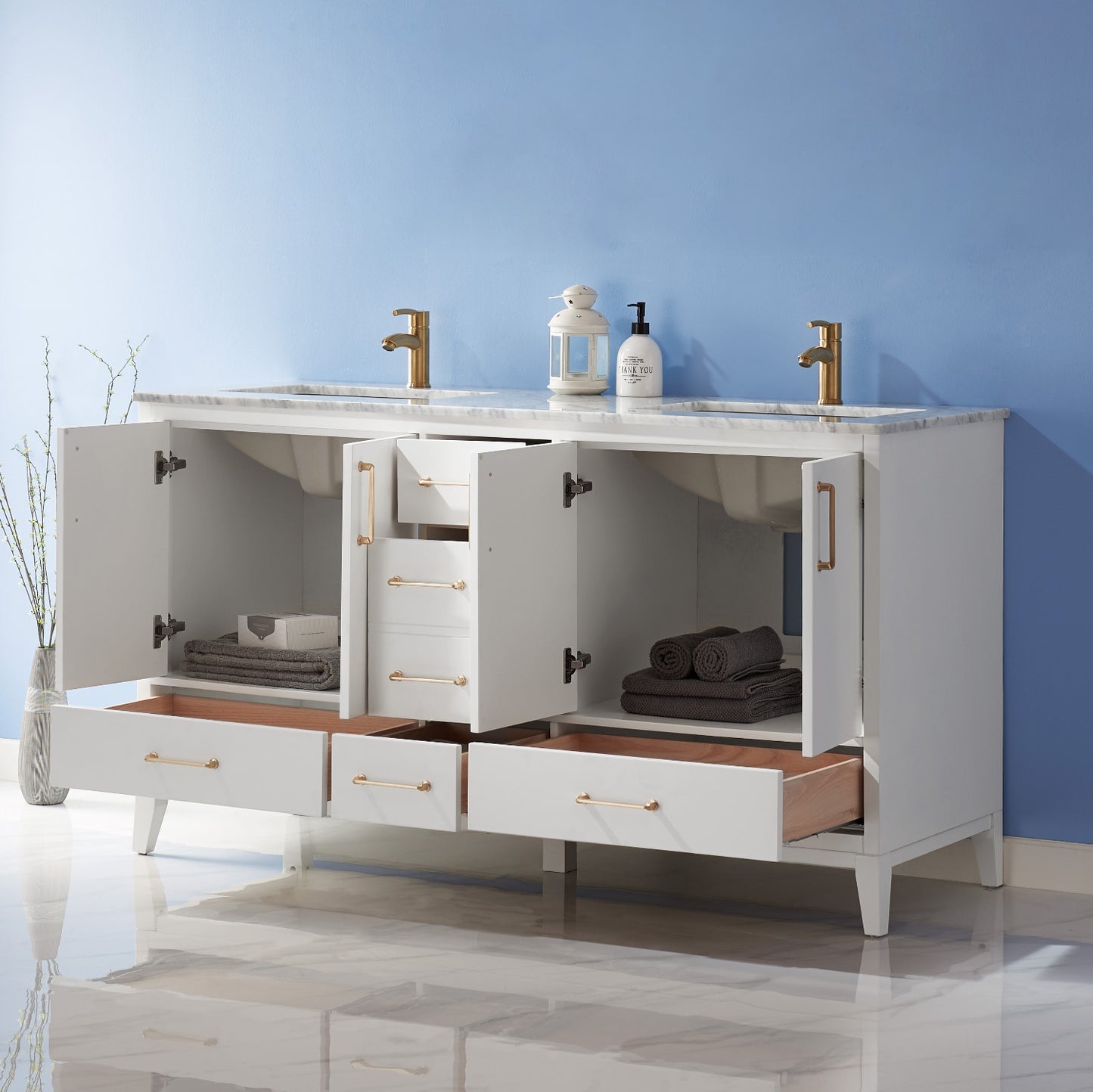 Sutton Double Bathroom Vanity Set in Gray and Carrara White Marble Countertop