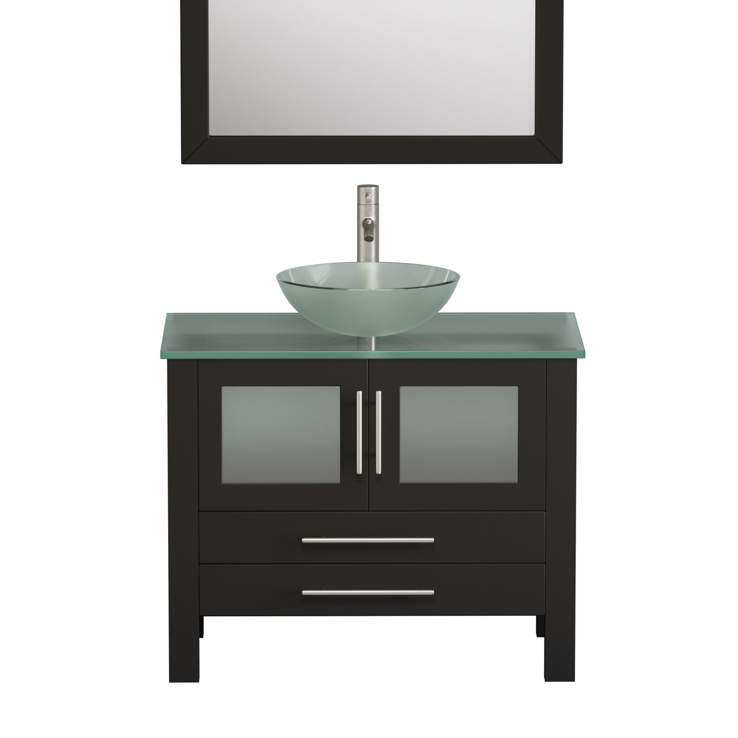 Complete 36 inch  Solid Wood  Vanity Set with Brushed Nickel Plumbing Tempered Glass Vessel Sink