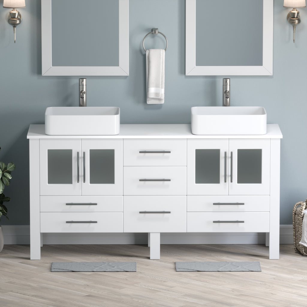 Complete 63" White Vanity Set with Brushed Nickel Plumbing