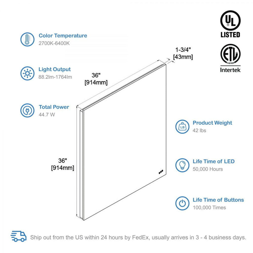 Beta 36″x36″ LED Mirror with Frosted Sides