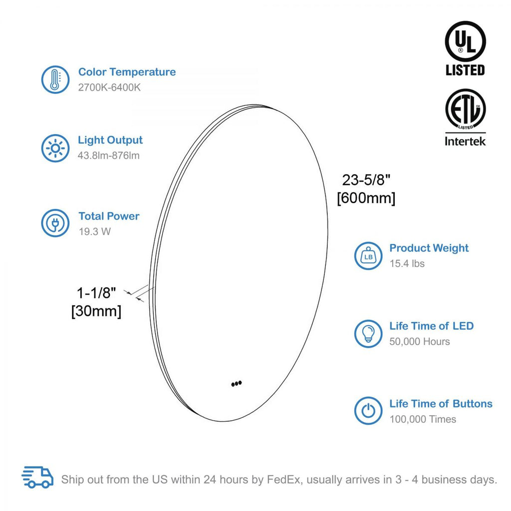 Orion 24″ Round LED Mirror with Frosted Side