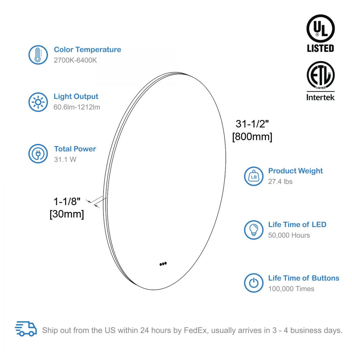 Orion 32″ Round LED Mirror with Frosted Side
