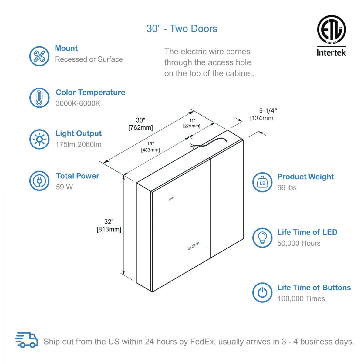 Sirius – 30 Inches LED Medicine Cabinet with Clock